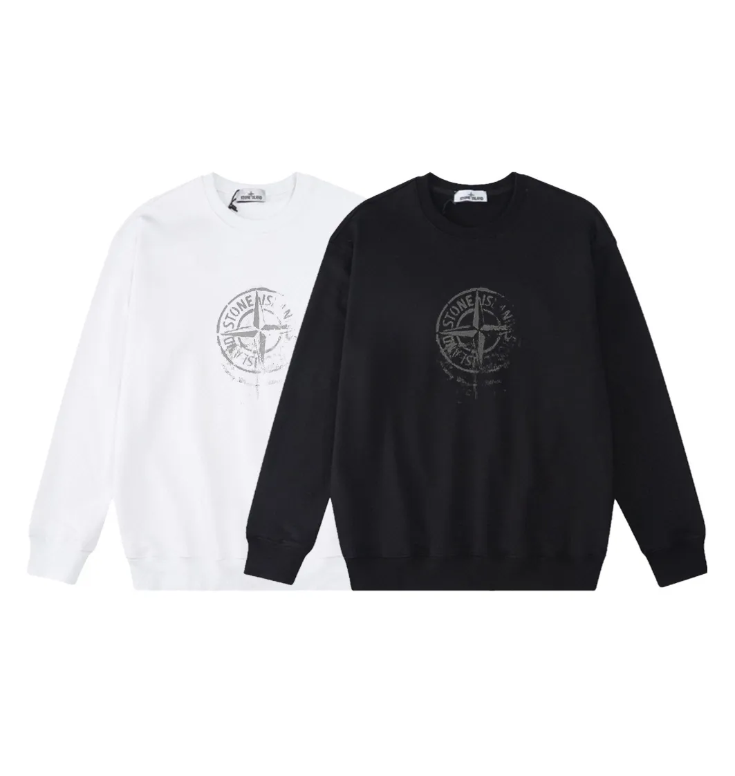 W813#P160💰 Stone Island damaged old compass logo printed round neck long-sleeved sweatshirt! Versatile base round neck sweatshirt for couples! Simple armband design, customized 1*1 thread (fine texture), 380g double-strand large terry fabric, very good quality, foreign trade craftsmanship, respect the original version! The threads at the cuffs and hem are all original bartacks! The time-consuming and material consumption distinguishes the ordinary version on the market! Tops worn by celebrities from all walks of life on INS, can be matched with couple styles!  Color: Black White Size: M-XXL